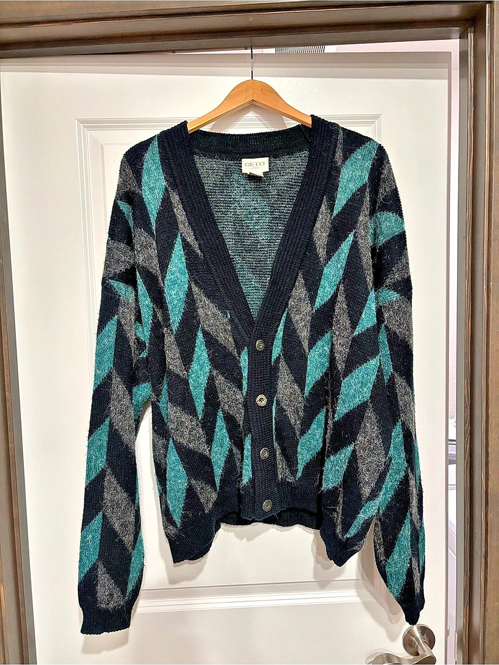 Vintage CETO Uomo Geometric Cardigan in Black, Teal, and Charcoal Gray